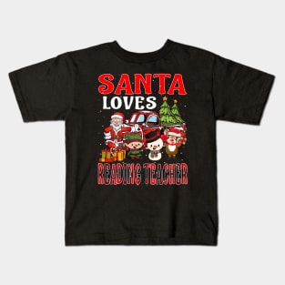 Santa Loves Reading Teacher Kids T-Shirt